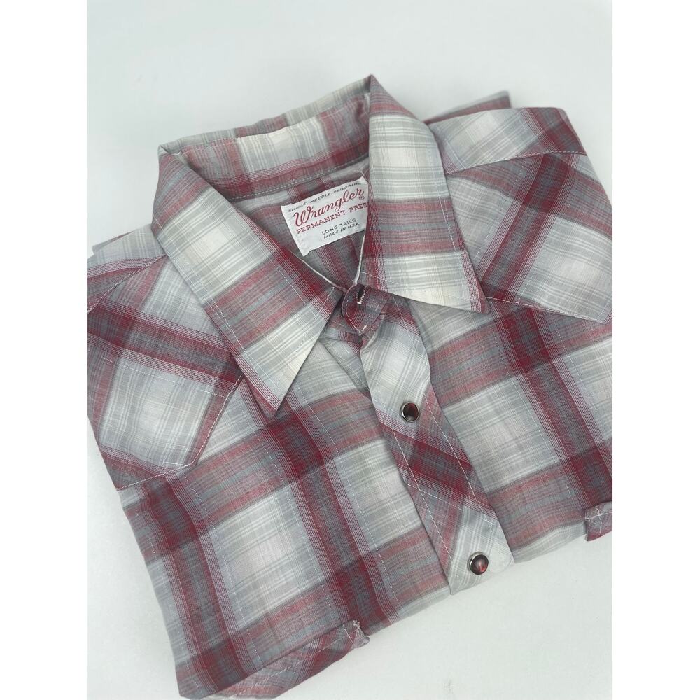 VNTG Wrangler Permanent Press Long Tails Shirt Mens M 16-34 Red/Gray Western